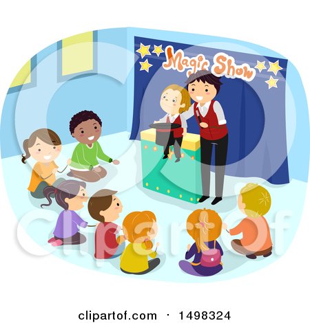 Clipart of a Male Ventriloquist Entertaining a Group of Children - Royalty Free Vector Illustration by BNP Design Studio