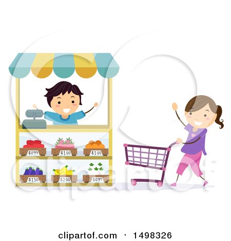Clipart of a Boy and Girl Playing Grocery Store - Royalty Free Vector Illustration by BNP Design Studio