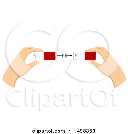 Clipart of a Pair of Hands Holding Magnets with North and South Pole Mark Attracted to Each Other - Royalty Free Vector Illustration by BNP Design Studio