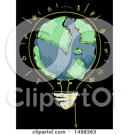 Clipart of a Sketched Light Bulb with a Globe on Black - Royalty Free Vector Illustration by BNP Design Studio