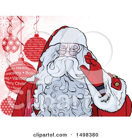 Clipart of a Christmas Santa Claus Waving over Baubles - Royalty Free Vector Illustration by dero