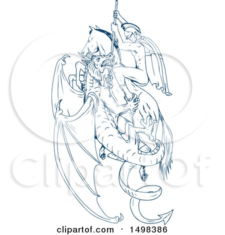 Clipart of a Sketched Man, St George, Slaying a Dragon - Royalty Free Vector Illustration by patrimonio