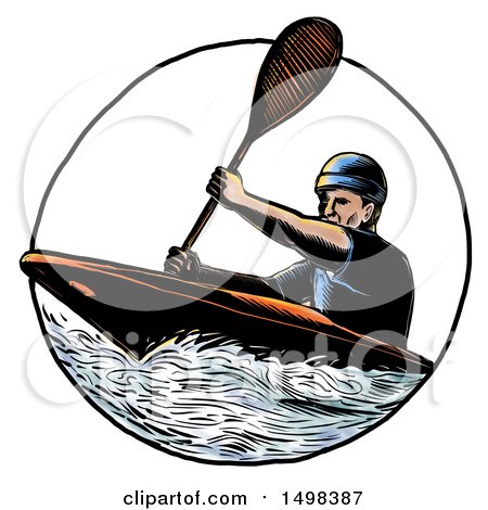 Clipart of a Man Paddling a Kayak, in Sketch Style, on a White Background - Royalty Free Illustration by patrimonio