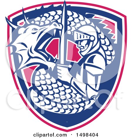 Clipart of a Dragon Battling and Coiling Around St George with a Sword in a Shield - Royalty Free Vector Illustration by patrimonio
