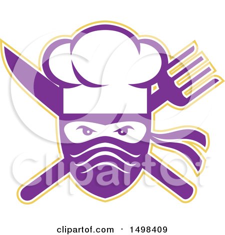 Clipart of a Ninja Chef Face over a Crossed Knife and Fork - Royalty Free Vector Illustration by patrimonio