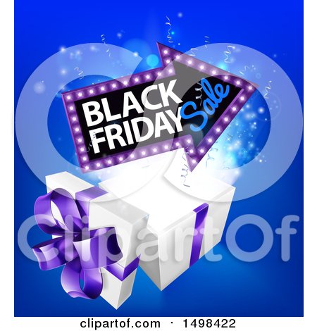 Clipart of an Arrow Shaped Marquee Black Friday Sale Sign over a Christmas Gift Box - Royalty Free Vector Illustration by AtStockIllustration