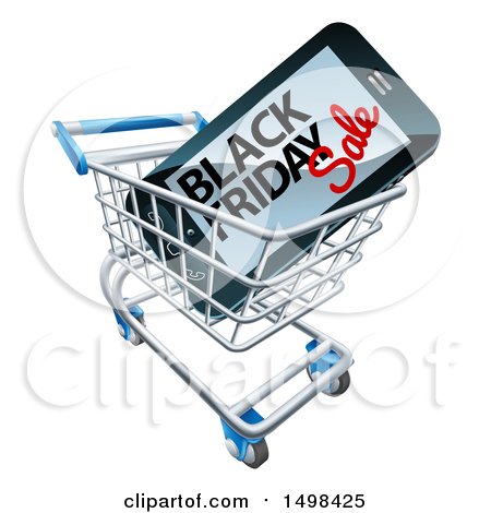 Clipart of a Black Friday Sale Advertisement on a Smart Phone Screen in a Shopping Cart - Royalty Free Vector Illustration by AtStockIllustration