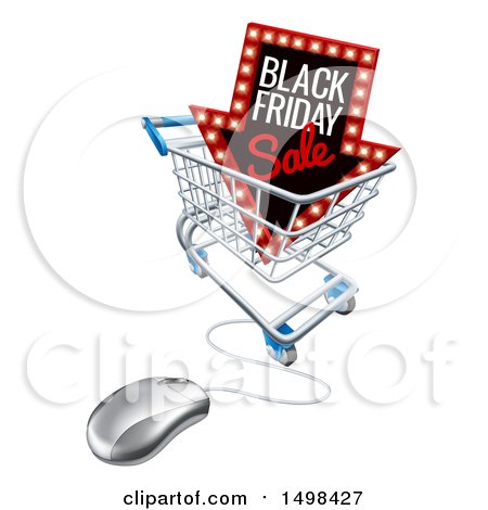 Clipart of a Black Friday Sale Arrow Marquee Sign in a Shopping Cart with a Computer Mouse - Royalty Free Vector Illustration by AtStockIllustration