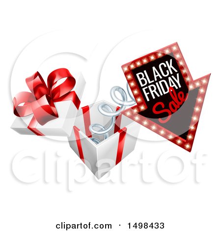 Clipart of a Black Friday Sale Arrow Marquee Sign Springing out of a Gift Box - Royalty Free Vector Illustration by AtStockIllustration