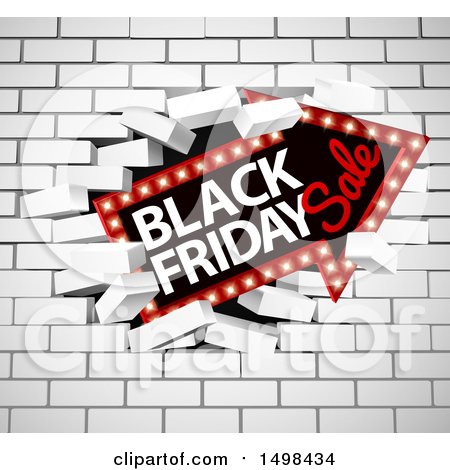 Clipart of a Black Friday Sale Arrow Marquee Sign Breaking Through a White Brick Wall - Royalty Free Vector Illustration by AtStockIllustration
