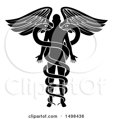 Clipart of a Silhouetted Person As the Rod in a Medical Snake and Wing Caduceus, Black and White - Royalty Free Vector Illustration by AtStockIllustration