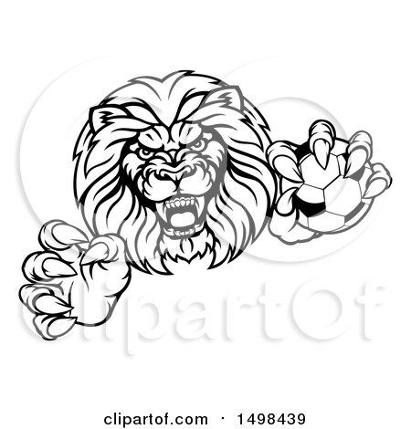 Clipart of a Black and White Tough Clawed Male Lion Monster Mascot Holding a Soccer Ball - Royalty Free Vector Illustration by AtStockIllustration