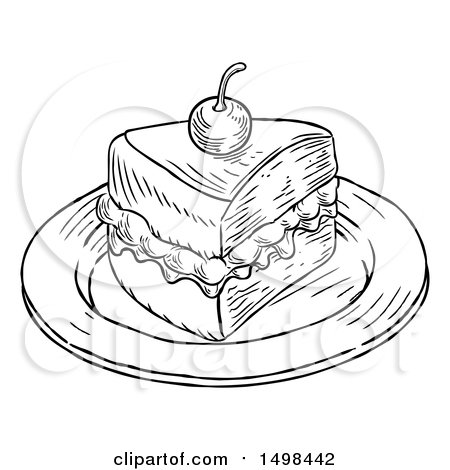 Clipart of a Piece of Victoria Sponge Cake in Black and White Engraved Style - Royalty Free Vector Illustration by AtStockIllustration