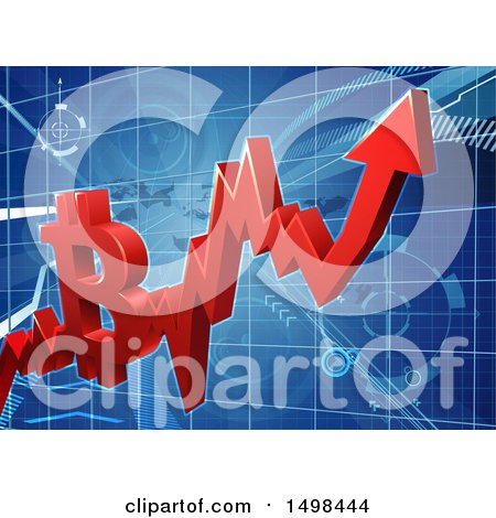 Clipart of a 3d Red Bitcoin Crypto Currency on a Chart - Royalty Free Vector Illustration by AtStockIllustration