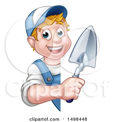 Clipart of a White Male Mason Worker Holding a Trowel Around a Sign - Royalty Free Vector Illustration by AtStockIllustration