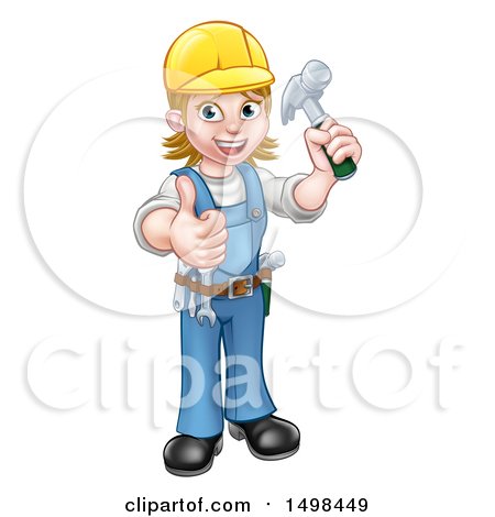 Clipart of a Full Length Happy White Female Carpenter Worker Holding up a Hammer and Giving a Thumb up - Royalty Free Vector Illustration by AtStockIllustration