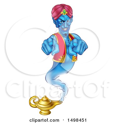 Clipart of a Blue Genie Pointing Outwards over His Lamp - Royalty Free Vector Illustration by AtStockIllustration