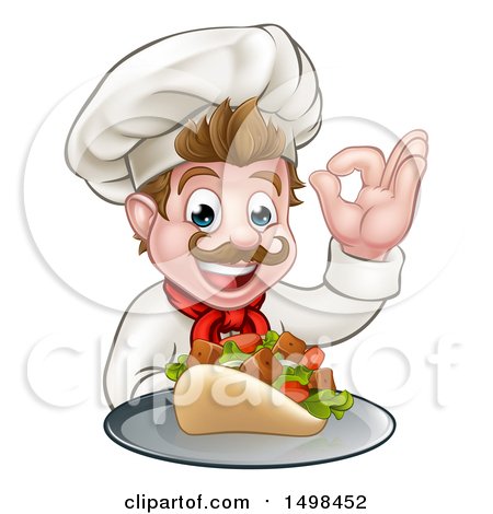 Clipart of a Caucasian Male Chef Holding a Kebab Sandwich on a Tray and Gesturing Okay - Royalty Free Vector Illustration by AtStockIllustration