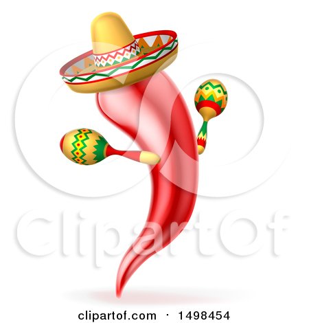Clipart of a Chili Pepper Mascot Wearing a Mexican Sombrero and Shaking Maracas - Royalty Free Vector Illustration by AtStockIllustration
