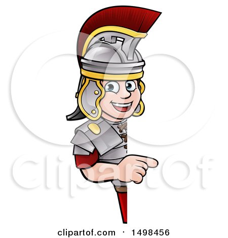 Clipart of a Roman Soldier Pointing Around a Sign - Royalty Free Vector Illustration by AtStockIllustration