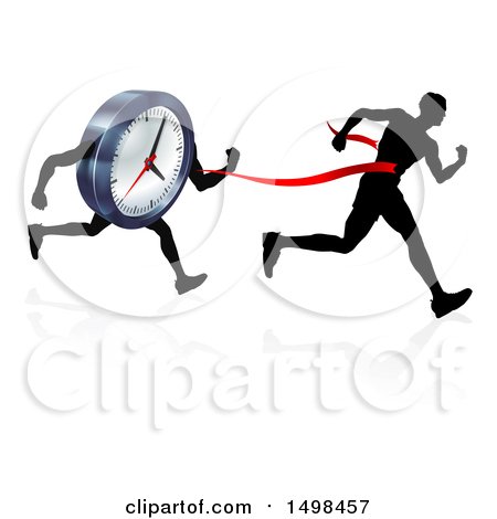 Clipart of a Silhouetted Man Running Through a Finish Line Before a Clock Character - Royalty Free Vector Illustration by AtStockIllustration