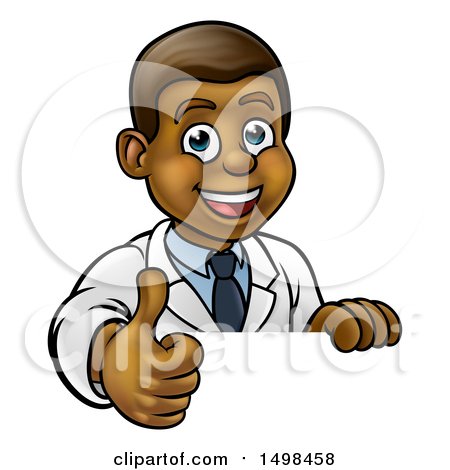 Clipart of a Friendly Black Male Doctor Giving a Thumb up over a Sign - Royalty Free Vector Illustration by AtStockIllustration