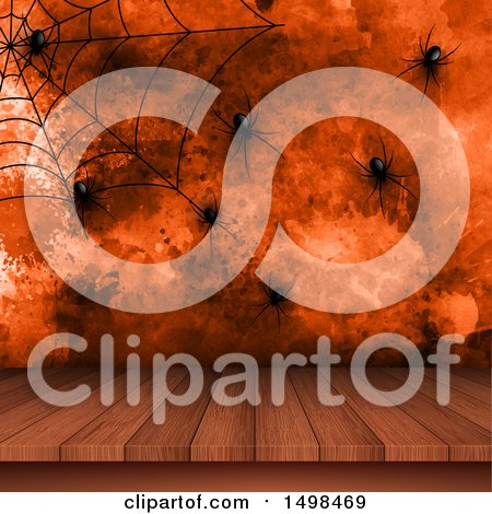 Clipart of a Halloween Background with Spiders, a Web and Wood Surface - Royalty Free Vector Illustration by KJ Pargeter