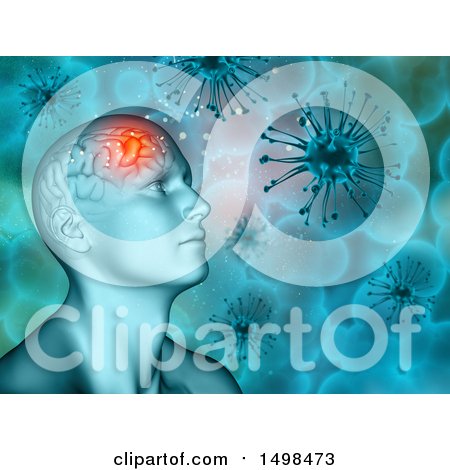 Clipart of a 3d Man with a Visible Glowing Brain over Virus Cells - Royalty Free Illustration by KJ Pargeter