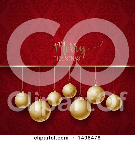 Clipart of a Merry Christmas Greeting over Golden Baubles on Red Damask - Royalty Free Vector Illustration by KJ Pargeter