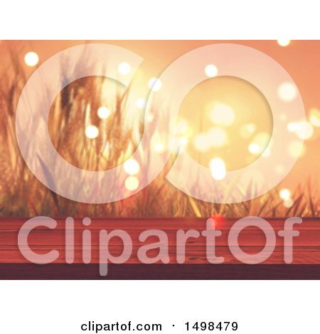 Clipart of a 3d Wood Surface Against a Sunset with Wheat and Flares - Royalty Free Illustration by KJ Pargeter