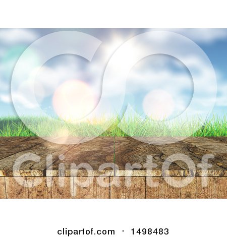 Clipart of a 3d Wood Surface with Sun Flares and Grass - Royalty Free Illustration by KJ Pargeter