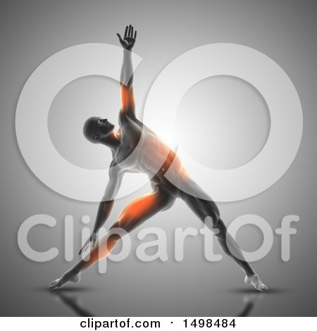 Clipart of a 3d Man Stretching in a Triangle Pose with Orange Highlighted Muscles, over Gray - Royalty Free Illustration by KJ Pargeter