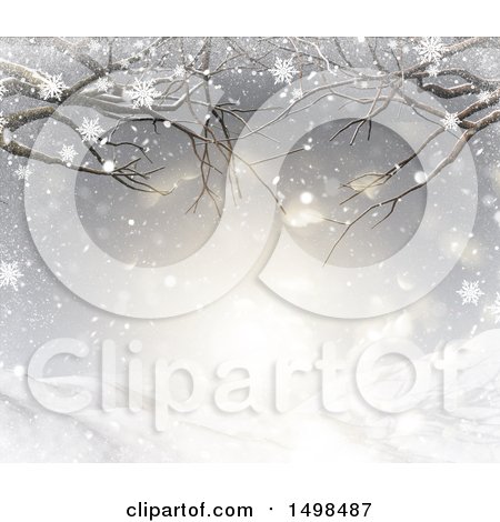 Clipart of a 3d Snowing Background with Bare Branches and Light - Royalty Free Illustration by KJ Pargeter