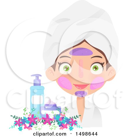Clipart of a Caucasian Girl with Multiple Facial Masks on by Beauty Products and Flowers - Royalty Free Vector Illustration by Melisende Vector