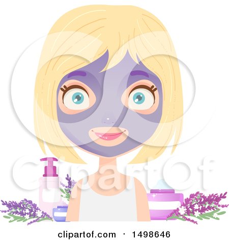 Clipart of a Caucasian Girl Witha Purple Face Mask On, over Beauty Products - Royalty Free Vector Illustration by Melisende Vector
