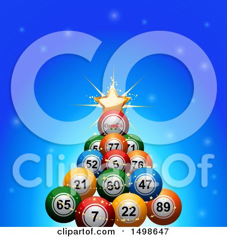 Clipart of a Christmas Tree Made of 3d Colorful Bingo or Lotter Balls, over Blue - Royalty Free Vector Illustration by elaineitalia