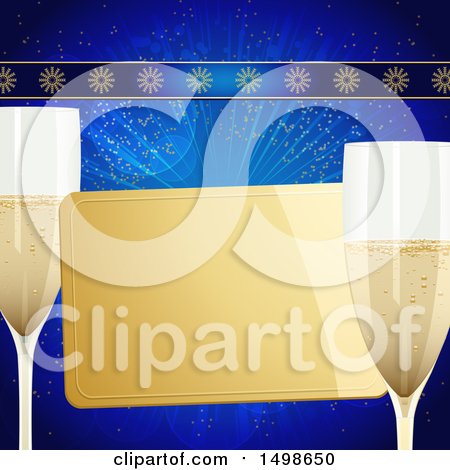 Clipart of a Golden Card with Champagne Glasses over Blue - Royalty Free Vector Illustration by elaineitalia