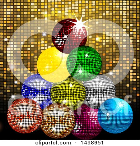 Clipart of a Christmas Tree of Sparkly Colorful Disco Balls over Gold Mosaic - Royalty Free Vector Illustration by elaineitalia