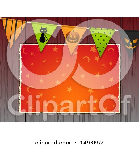 Clipart of a Halloween Party Bunting Banner over a Sign on Wood - Royalty Free Vector Illustration by elaineitalia
