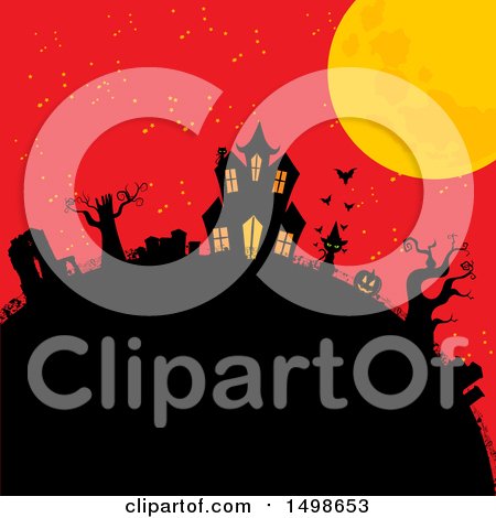 Clipart of a Silhouetted Hill with a Haunted House, Cat, Jackolantern and Cemetery Under a Full Moon on Red - Royalty Free Vector Illustration by elaineitalia