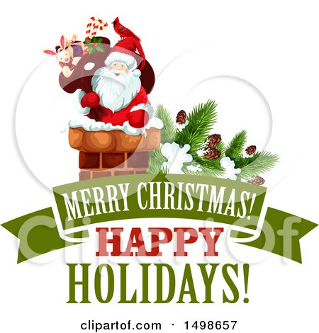Clipart of a Merry Christmas Happy Holidays Banner with Santa in a Chimney - Royalty Free Vector Illustration by Vector Tradition SM