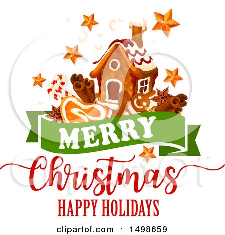 Clipart of a Merry Christmas Happy Holidays Greeting with a Gingerbread House, Stars and Goodies - Royalty Free Vector Illustration by Vector Tradition SM