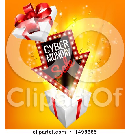 Clipart of a 3d Marquee Arrow Sign with Cyber Monday Sale Text over a Gift Box - Royalty Free Vector Illustration by AtStockIllustration