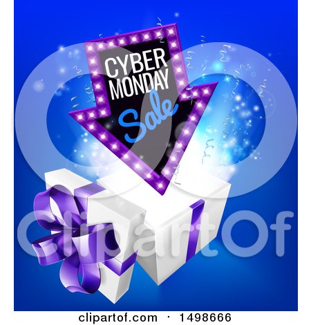 Clipart of a 3d Marquee Arrow Sign with Cyber Monday Sale Text over a Gift Box - Royalty Free Vector Illustration by AtStockIllustration