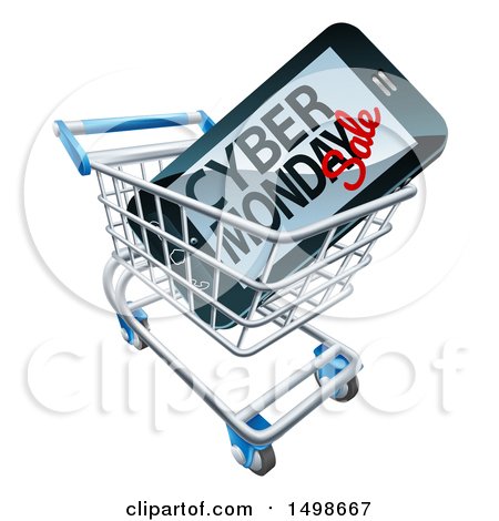 Clipart of a 3d Smart Phone with Cyber Monday Sale Text on the Screen in a Shopping Cart - Royalty Free Vector Illustration by AtStockIllustration