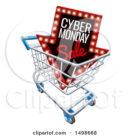 Clipart of a 3d Marquee Arrow Sign with Cyber Monday Sale Text in a Shopping Cart - Royalty Free Vector Illustration by AtStockIllustration