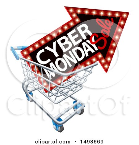Clipart of a 3d Marquee Arrow Sign with Cyber Monday Sale Text in a Shopping Cart - Royalty Free Vector Illustration by AtStockIllustration