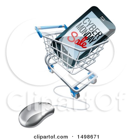 Clipart of a 3d Computer Mouse and Smart Phone with Cyber Monday Sale Text on the Screen in a Shopping Cart - Royalty Free Vector Illustration by AtStockIllustration