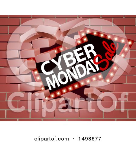 Clipart of a 3d Marquee Arrow Sign with Cyber Monday Sale Text Breaking Through a Brick Wall - Royalty Free Vector Illustration by AtStockIllustration