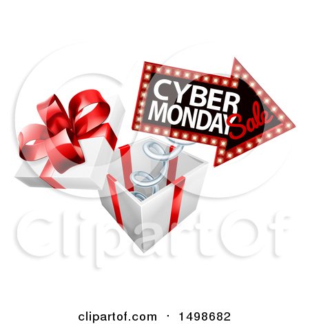 Clipart of a 3d Marquee Arrow Sign with Cyber Monday Sale Text Springing out of a Gift Box - Royalty Free Vector Illustration by AtStockIllustration